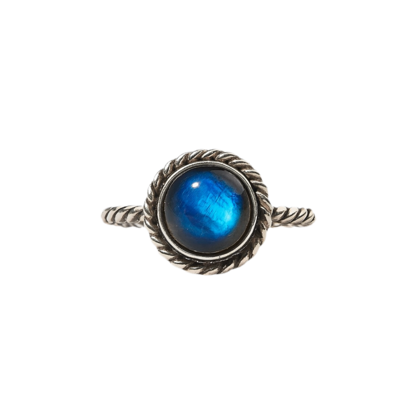Silver ring with a blue gemstone on a white background
